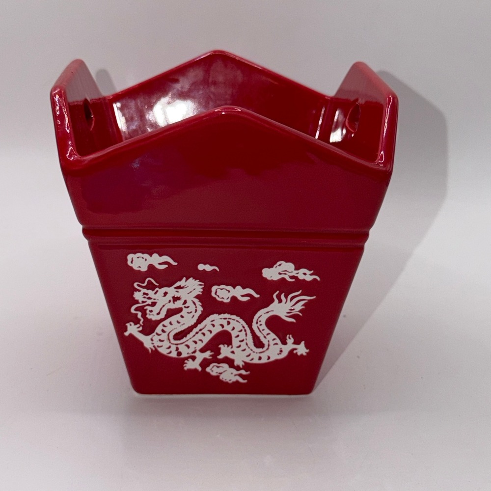 NEW Red Ceramic Chinese Takeout Box Dragon Motif Asian Fusion Decor Kitsch